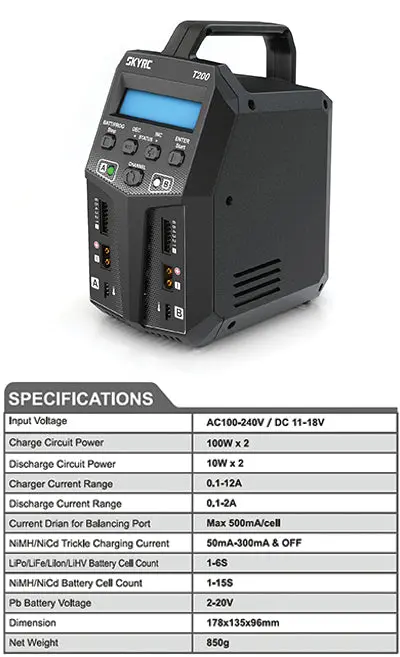 Sky Rc T200 Ac/Dc 12A Dual Output Charger Multi Chemistry Balance Sk-100155 1