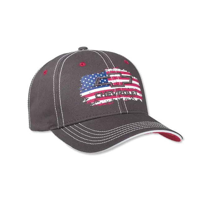 Chevy Bowtie Gray Twill Flag Cap W/ Red Visor 1